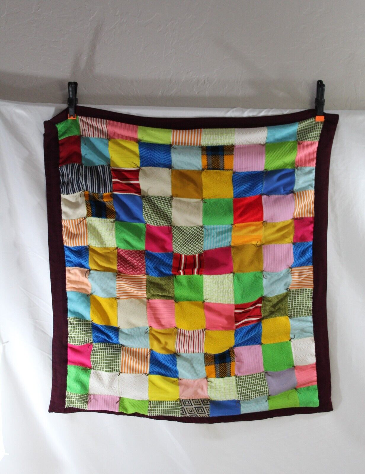 Vintage 60s Retro Mod Hand Tied Polyester Double Knit Square String Quilt 34x36