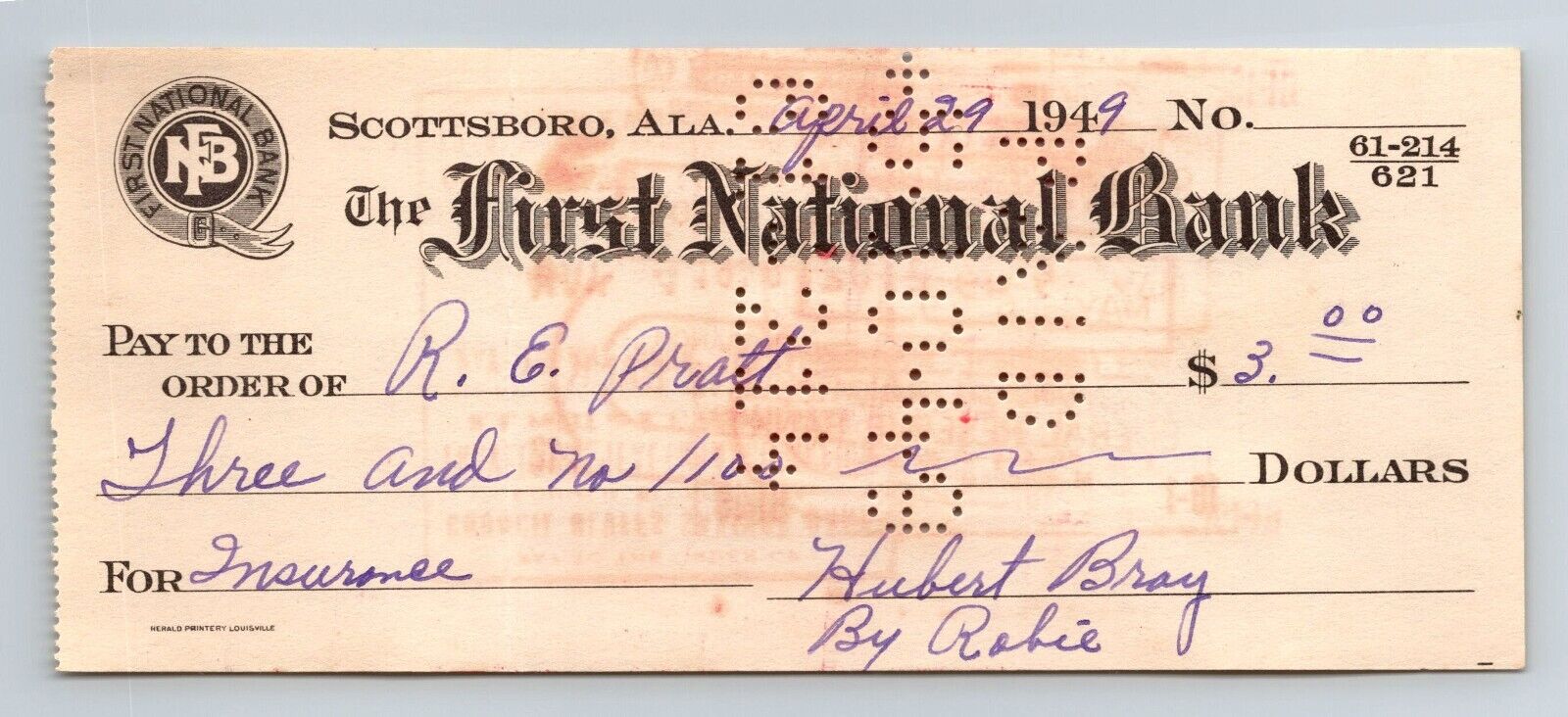 Vintage 1949 cancelled check THE FIRST NATIONAL BANK, Scottsboro,  Alabama