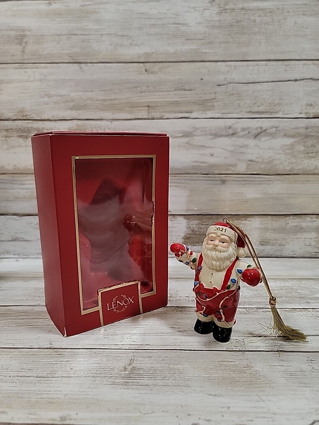 Lenox 2021 Christmas Annual Santa Stringing the Lights Ornament Damaged Box