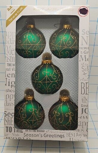 5 VTG Unique Treasure Had Crafted Glass Ornament Xmas Green W Gold Glitter 