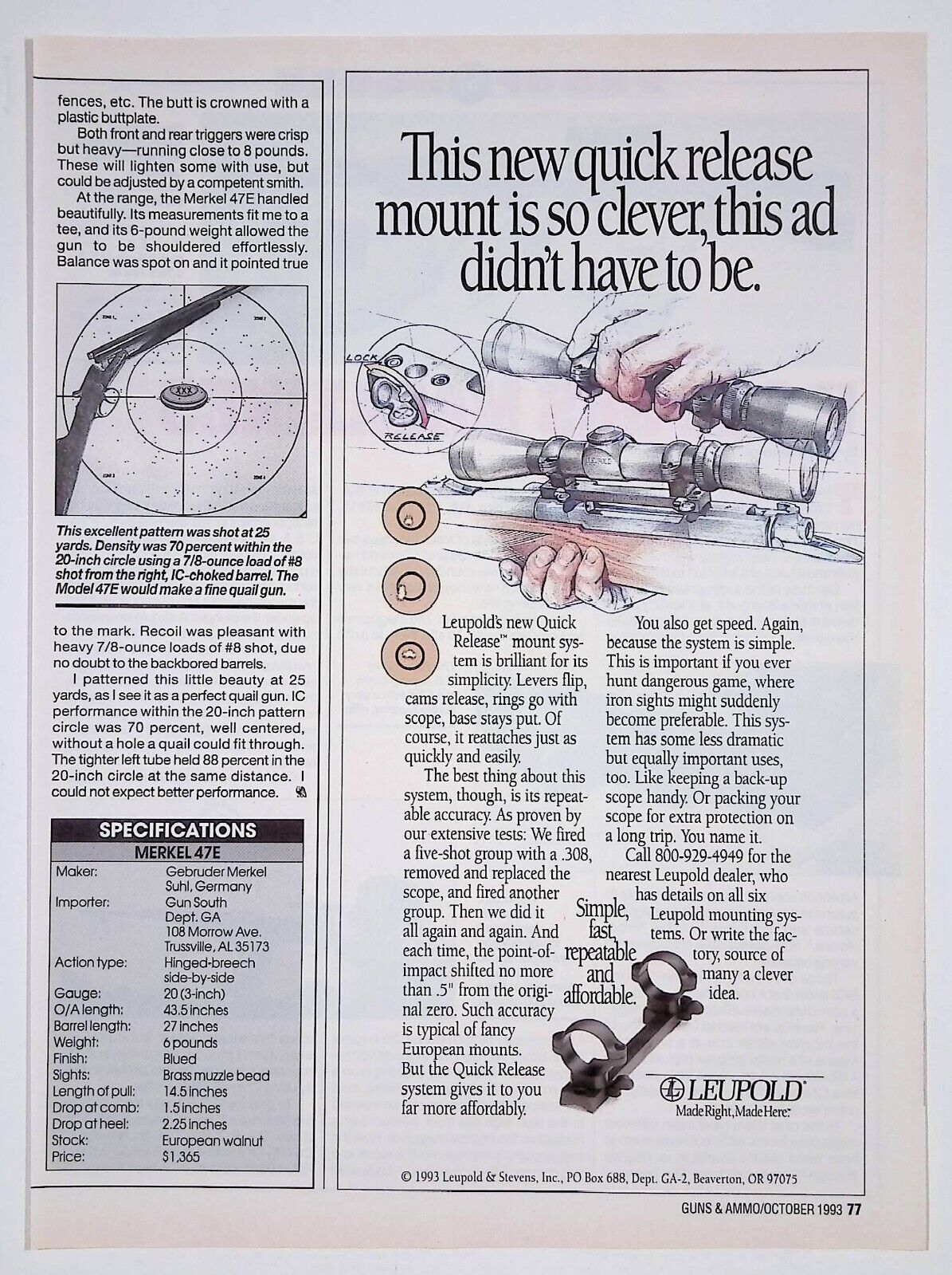 Leupold Scope Advertising Print Ad Guns & Ammo Magazine October 1993