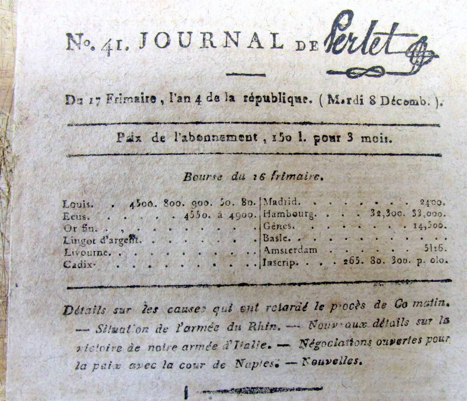 Rare original 1796 Paris FRANCE newspaper JOURNAL DE PERLET Napoleon Bonaparte