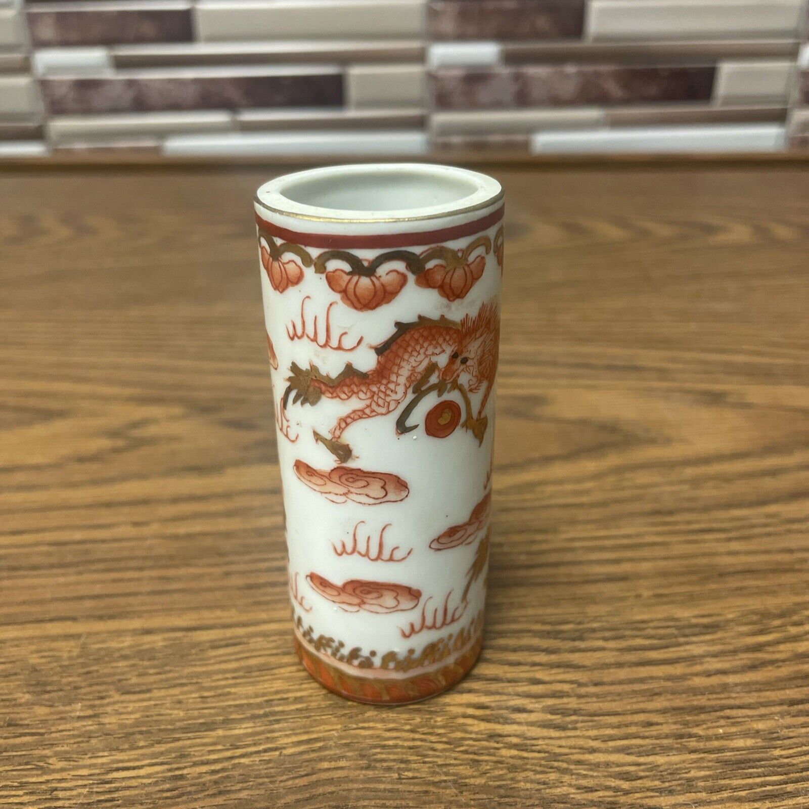 Chinese Orange Dragons Bud Mini Vase Gold Colored Rim Porcelain 3 5/8