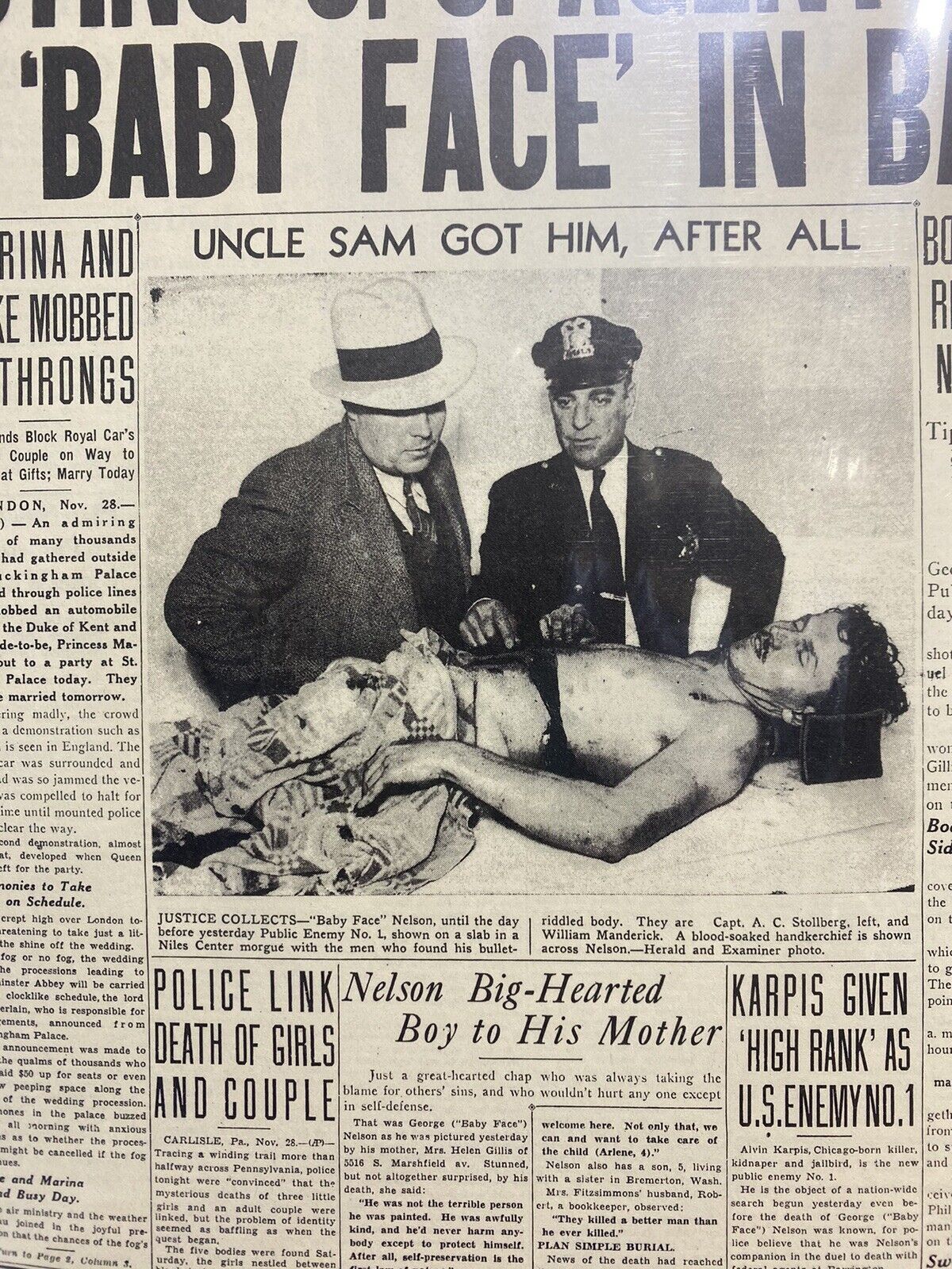 VINTAGE NEWSPAPER HEADLINE ~ CHICAGO GANGSTER BABY FACE NELSON SHOT KILLED  1934