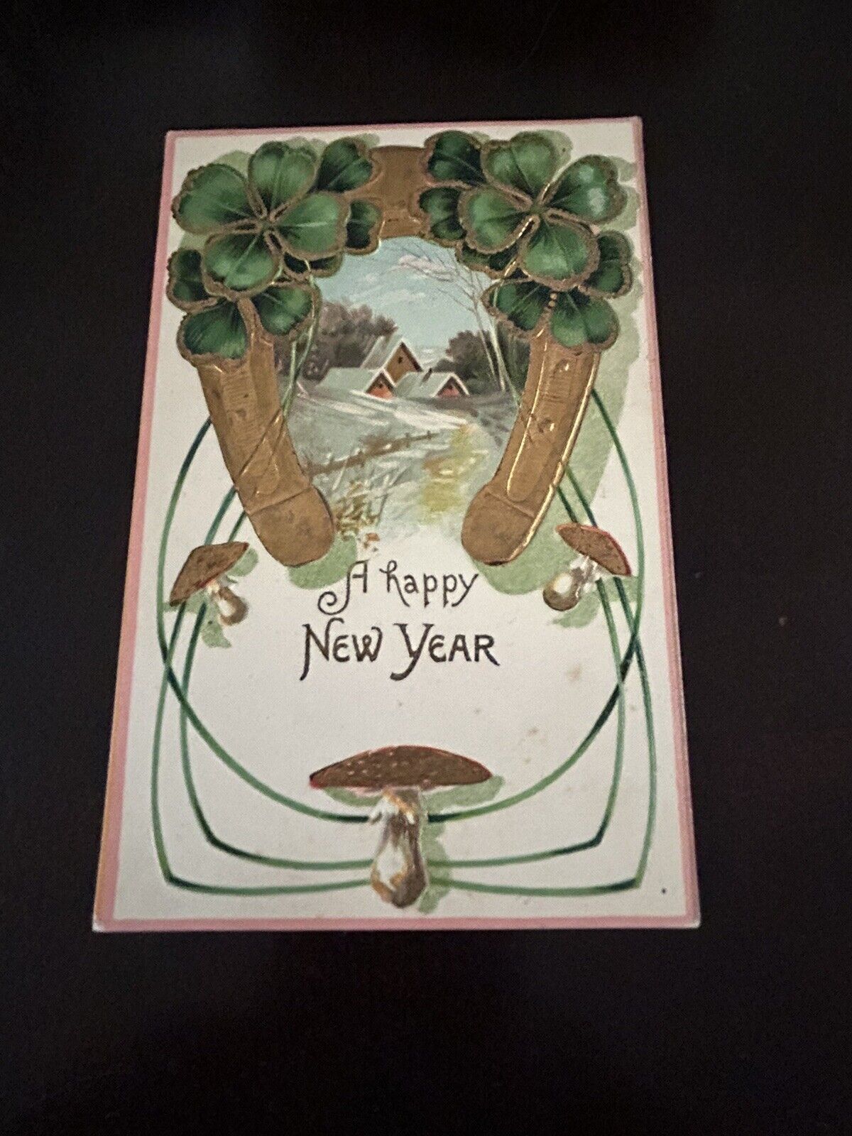 Happy New Year Postcard Gold Horseshoe Shamrocks Art Deco Toadstools  