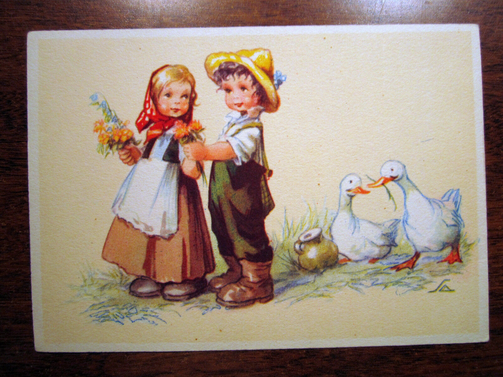 Goose Young Boy and Girl in Love Country Kids SA Signed Vintage Postcard 1167