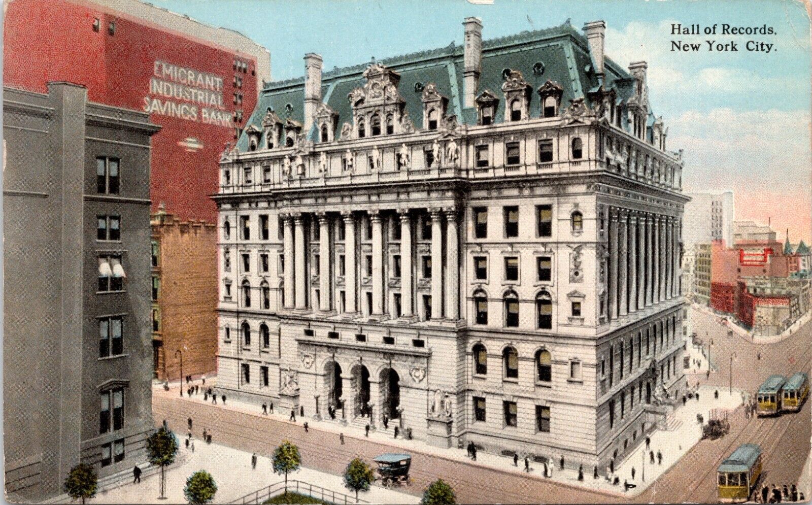 C.1910s New York City NY Hall Of Records Emigrant Bank Motor Cars Postcard A414