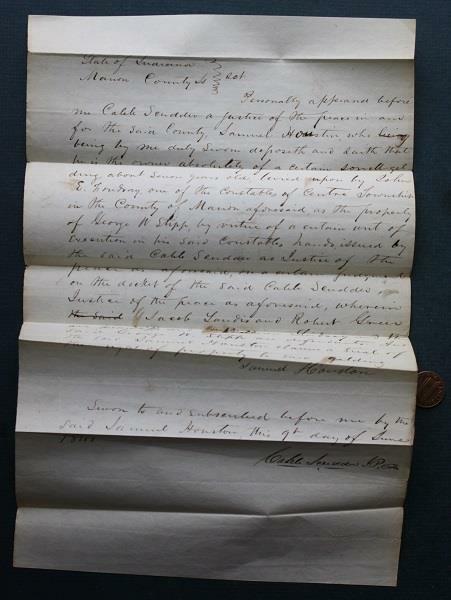 1840 Indianapolis Indiana Clerk Robert Duncan Caleb Scudder document Sam Houston