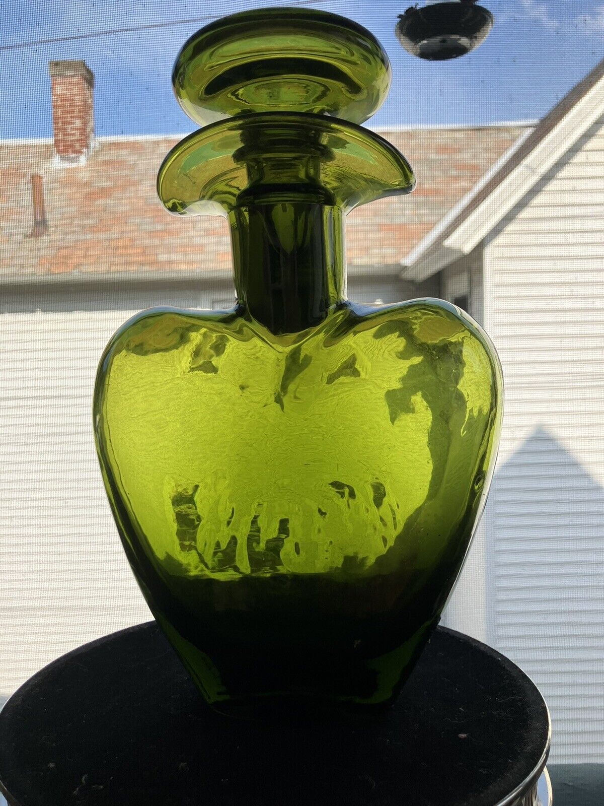 Vintage Green Glass Heart Shaped MCM Bottle Decanter with Stopper  Art Glass