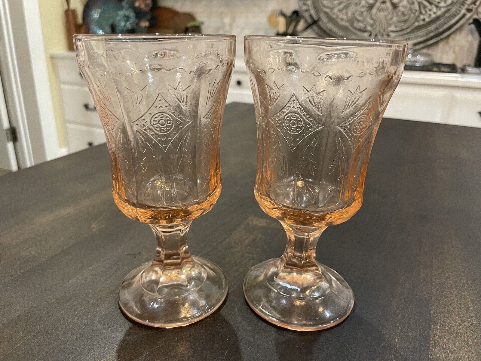 Vintage Indiana Glass Pink Madrid Water Wine Goblets Set of 2 Short Stem