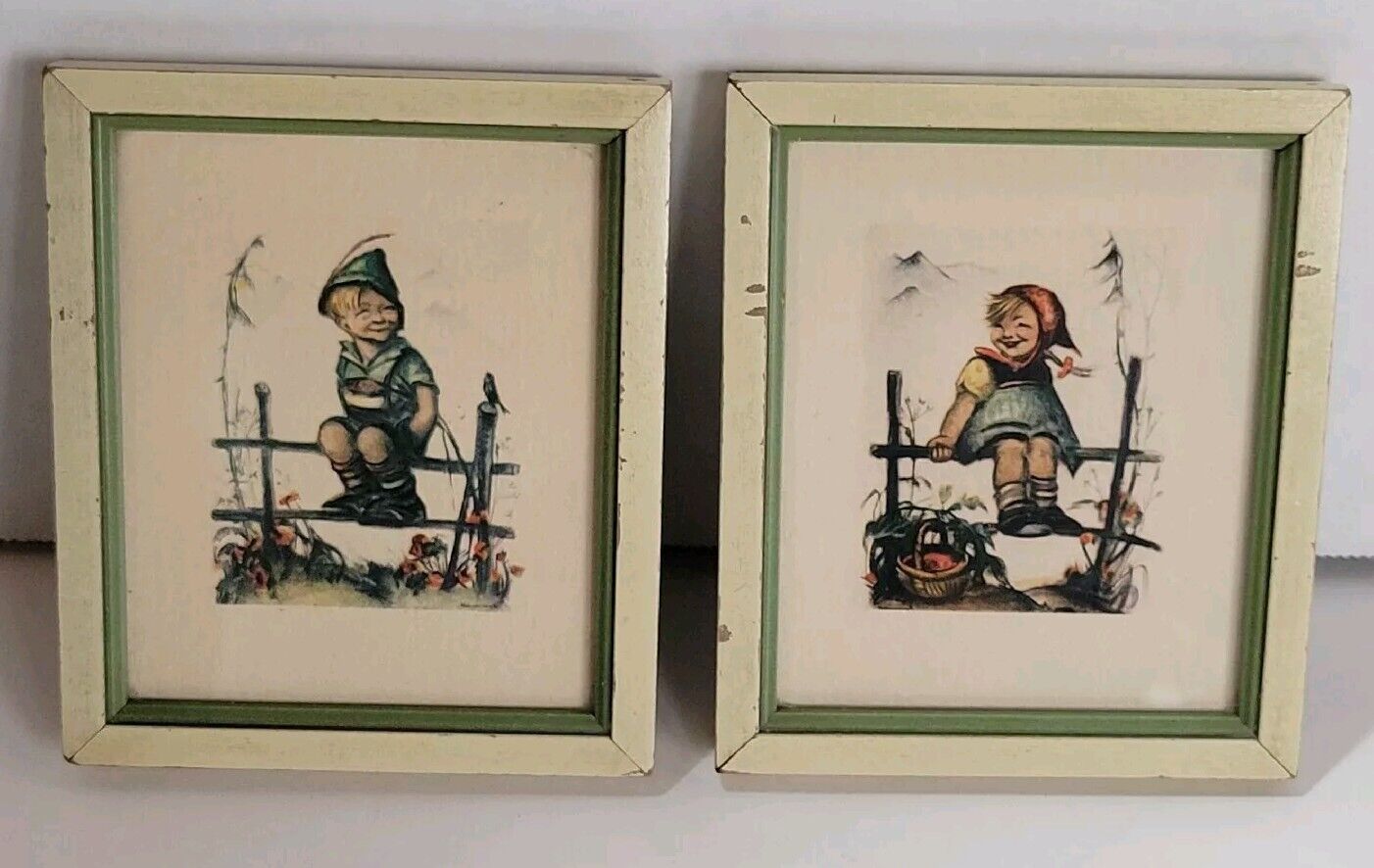 Hummel Mini Prints Vintage Art Girl & Boy Miniature Wood Frame Set Of 2