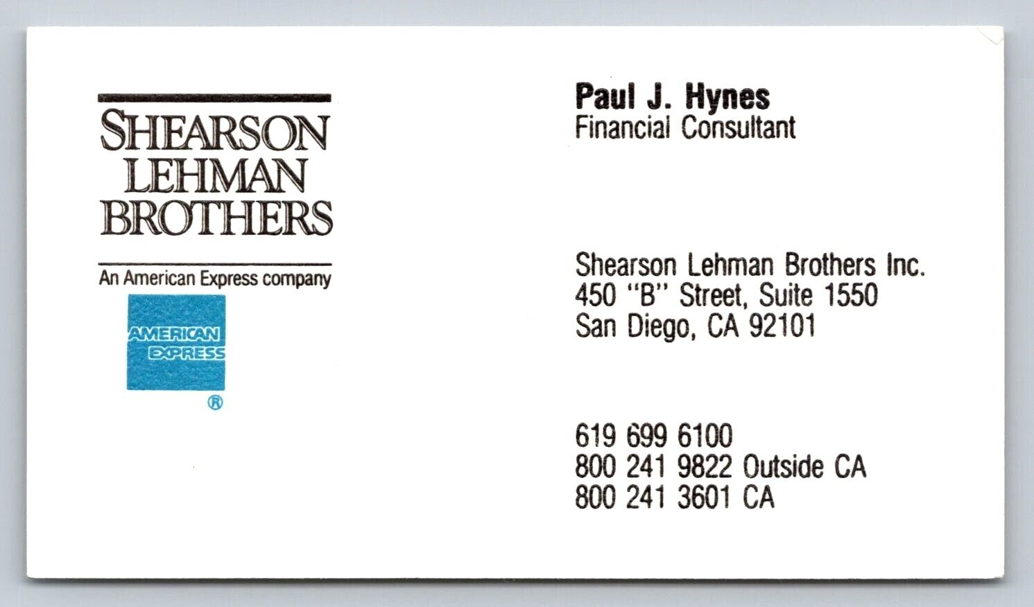 Vintage Business Card Shearson Lehman Brothers Hynes San Diego California