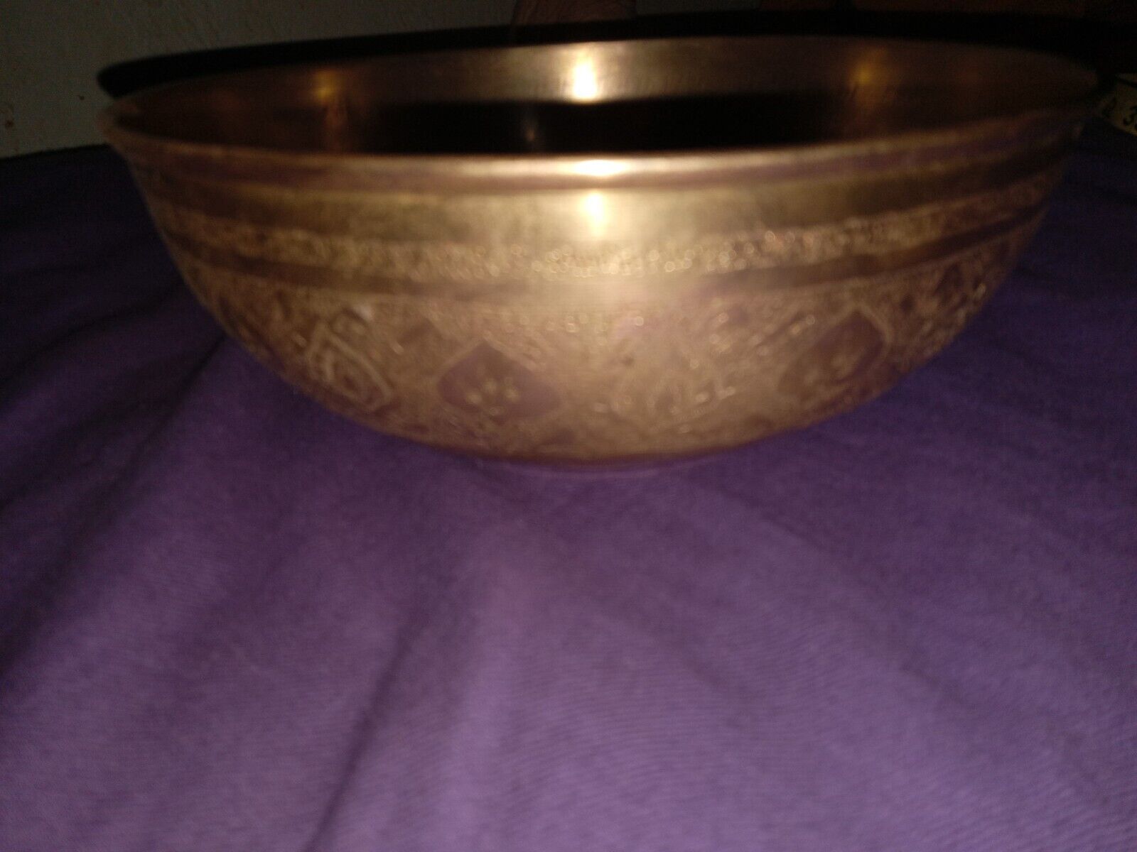 Antique Brass/copper Hand Tooled Etched Bowl Rare\'8×3.5 Inches Polished 