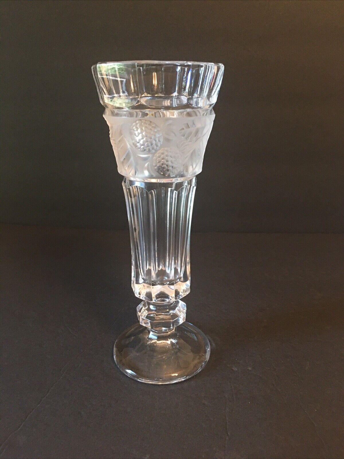 Vintage 9” Crystal Vase With Frosted Fruit Design