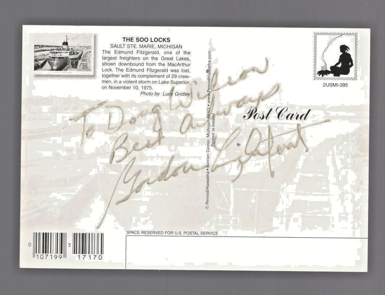 Folk Singer Gordon Lightfoot Signed Edmund Fitzgerald Post Card