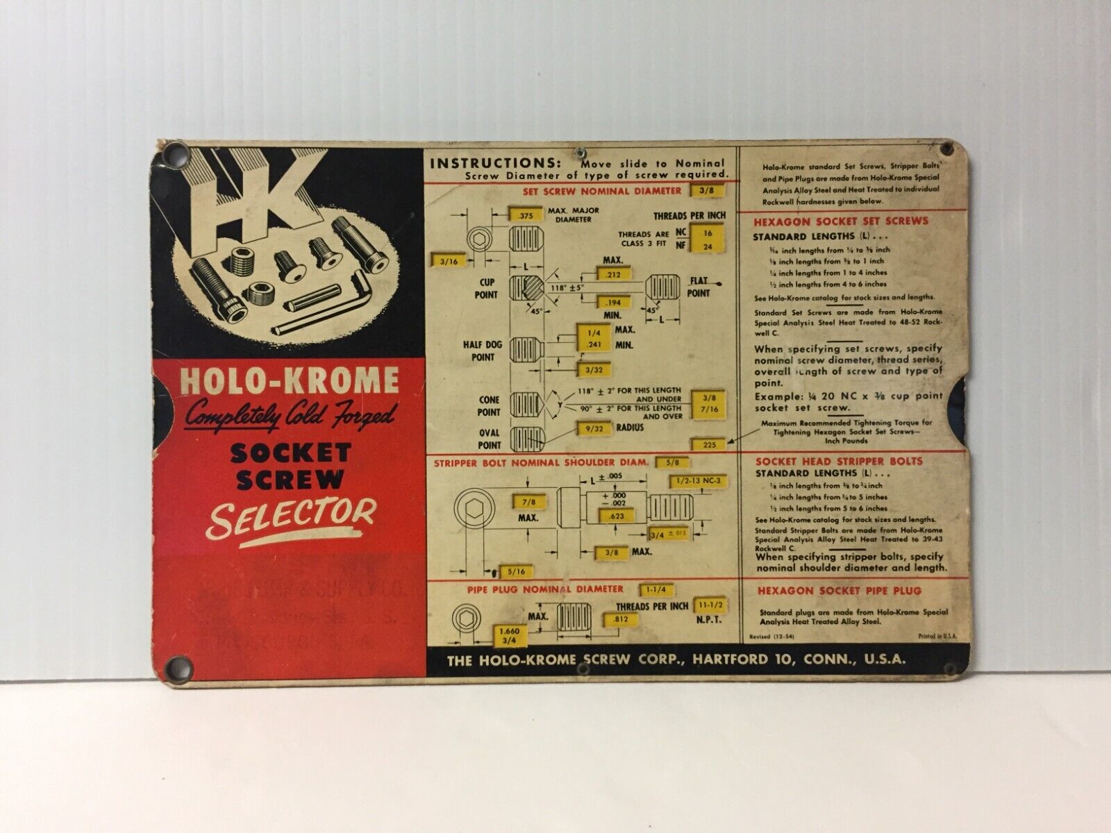Vintage Holo Krome Socket Screw Selector Hartford Connecticut -- \
