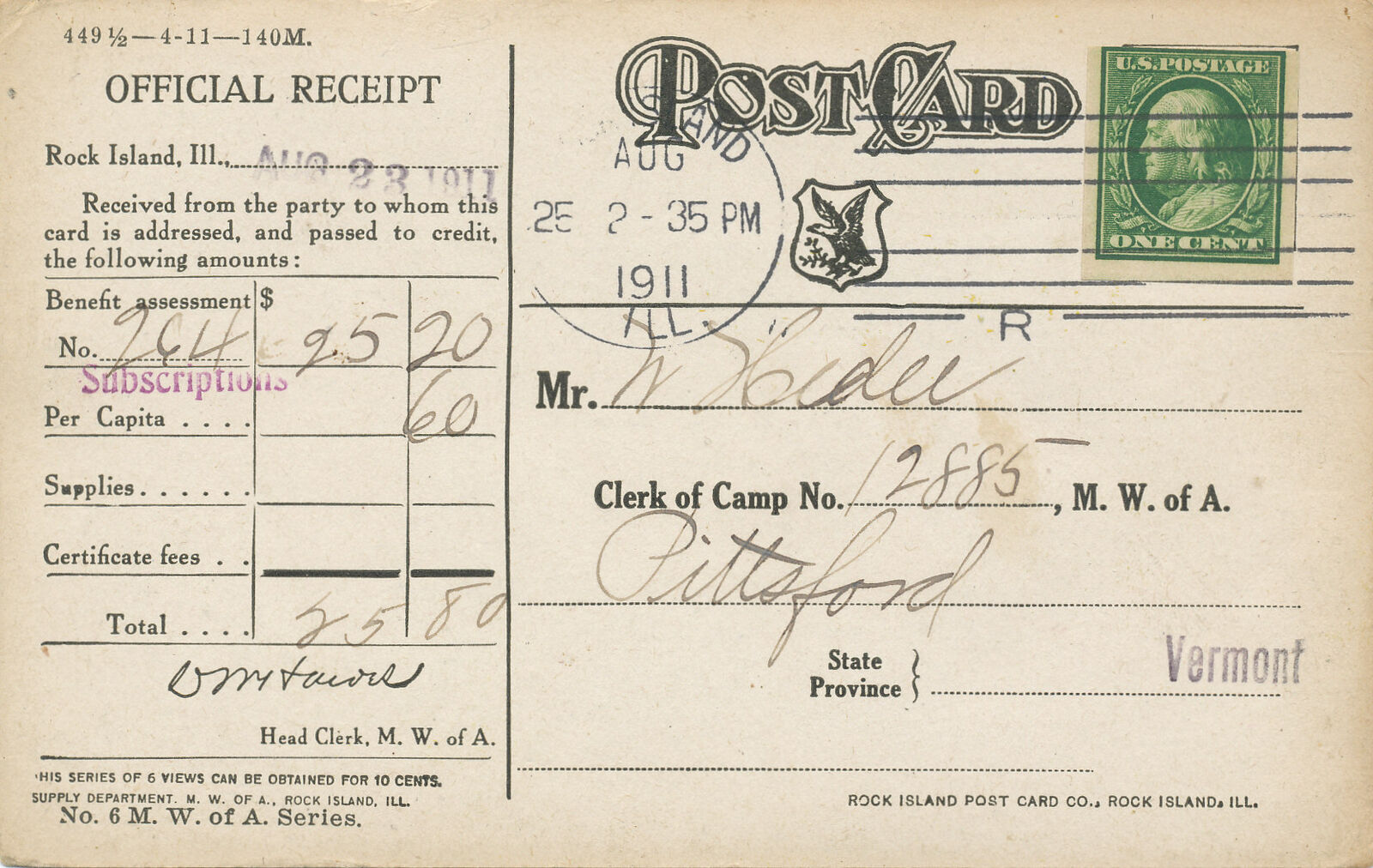Official Receipt Rock Island, IL 1911 -Head Offices M W of A Bldg. postcard
