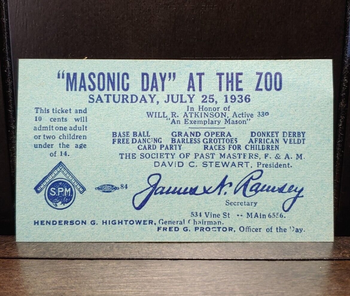 1936 Masonic Day At The Zoo Free Masons Cincinnati Ohio Ticket Admission Pass