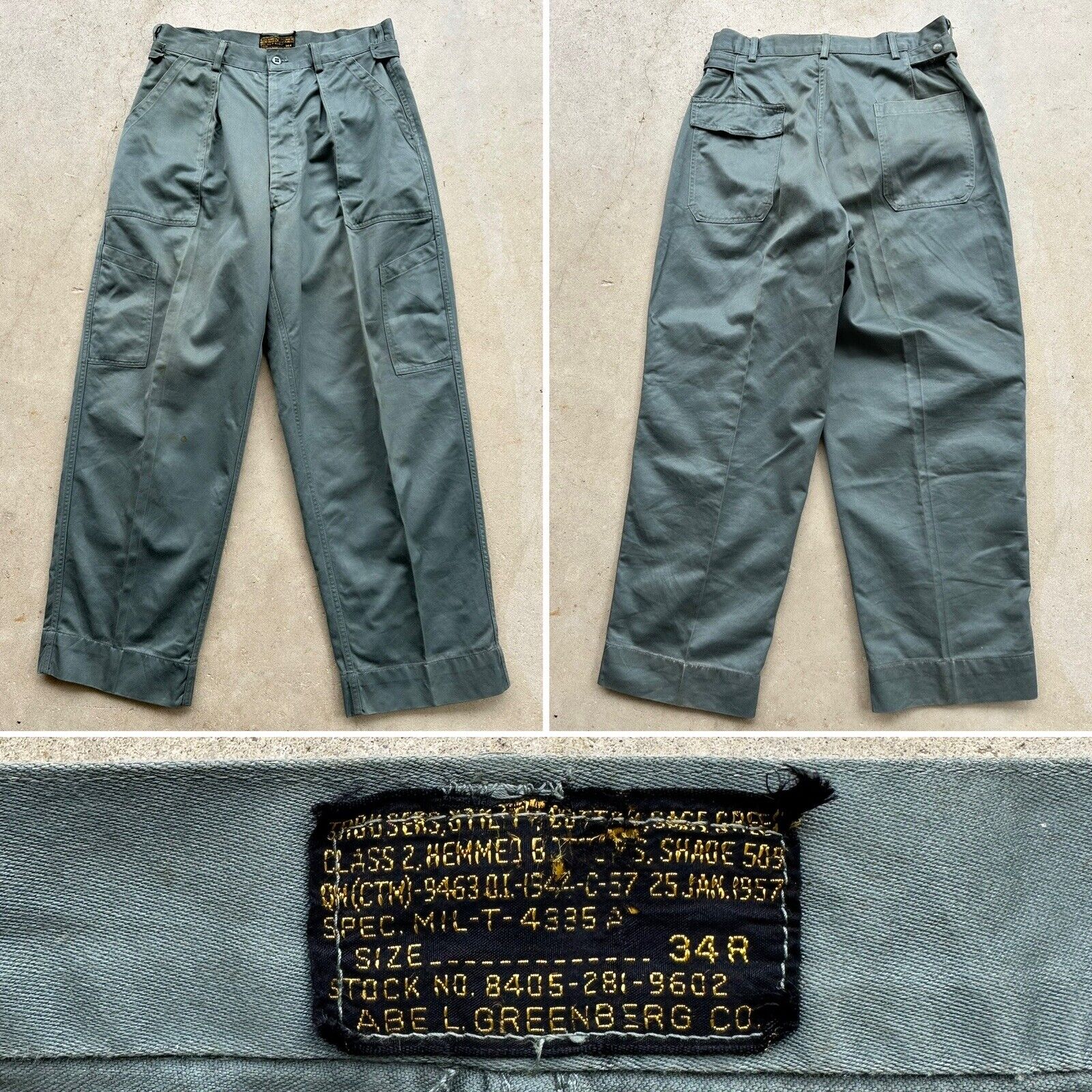 Vtg 1957 USAF Air Force W 32.5 L 30 Sage Green 509 Cotton Utility Pants 34 R 50s