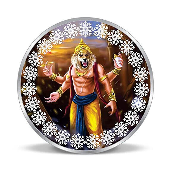 Indian Traditional Narasimha Colorful Design 999 Pure Silver Coin 100 gm