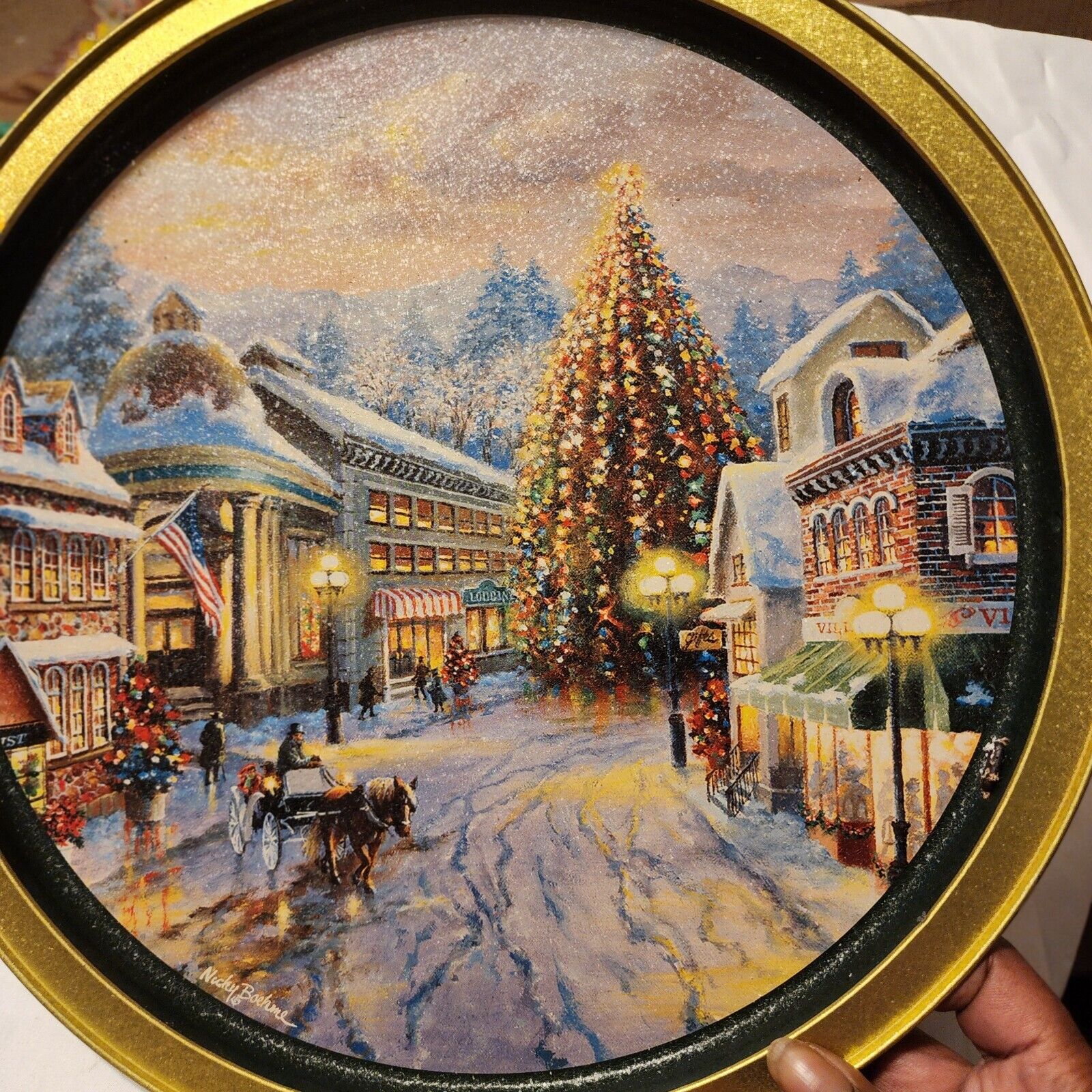 Thomas Kinkade Tin - Vintage 1997 Christmas Cookie Tin  PLATTER Winter Scene