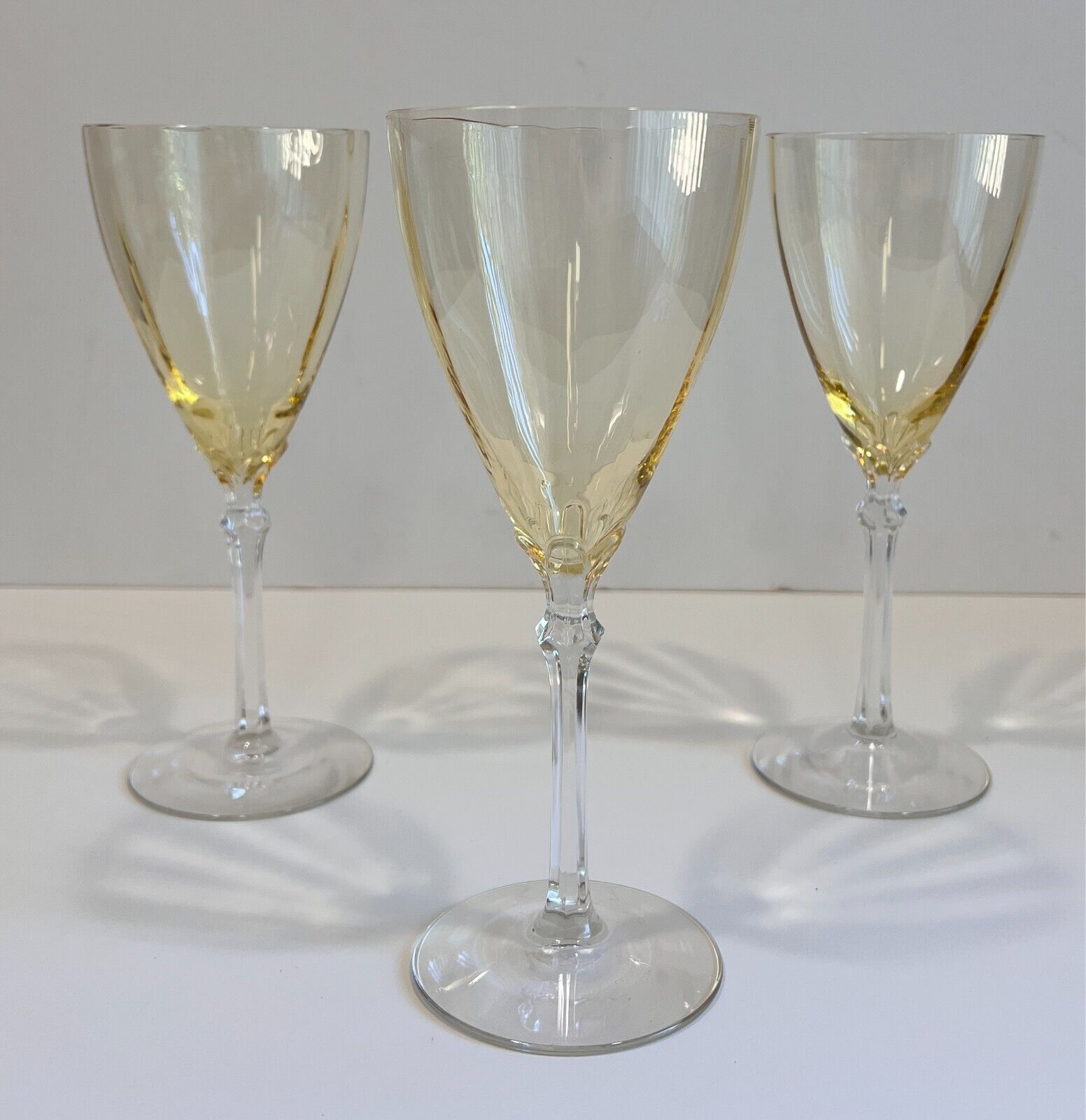 VINTAGE FOSTORIA 5098-5298 TOPAZ YELLOW GLASS SET OF 3 WATER GOBLETS GLASSES WOW