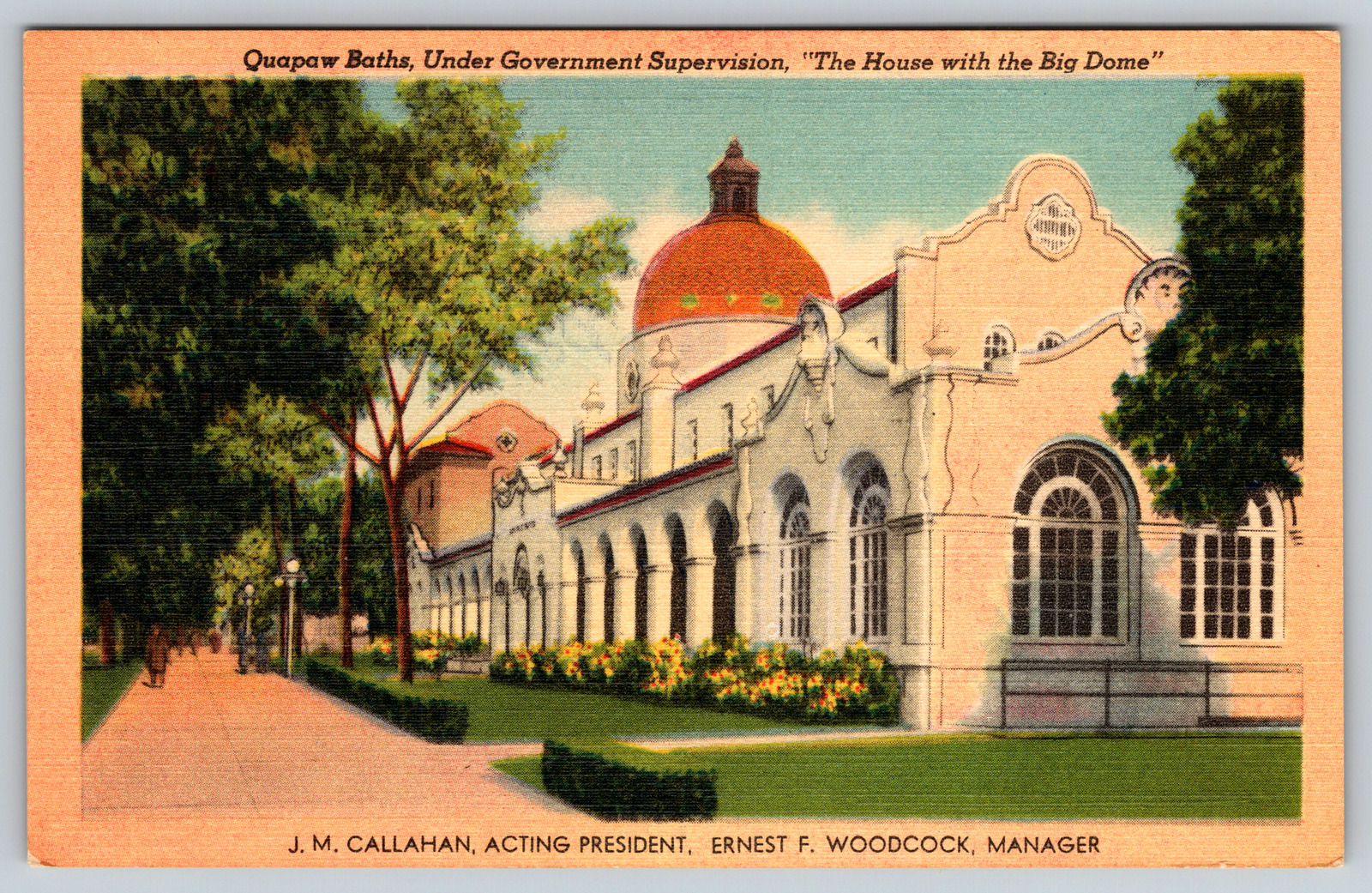 c1940s Linen Quapaw Baths Arkansas Government Supervision Dome Vintage Postcard