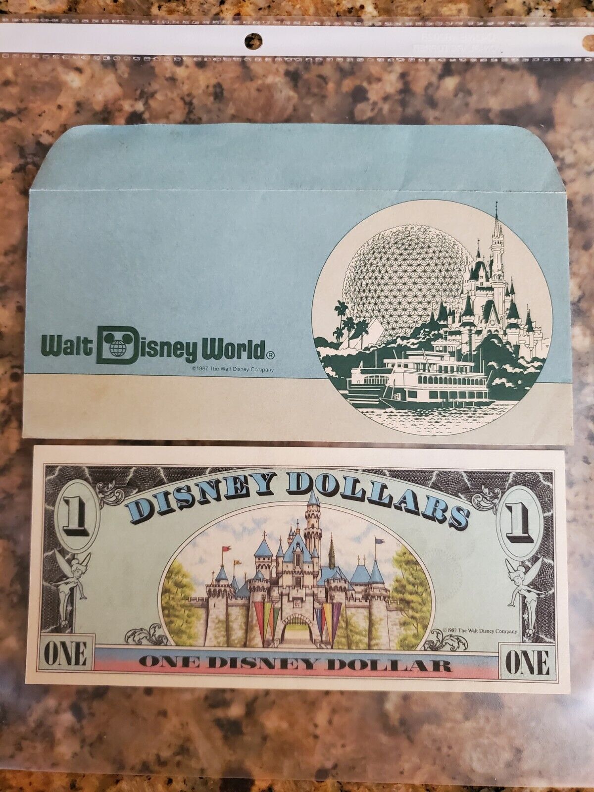 1987 $1 One Disney Dollar Bill Uncirculated Mickey Mouse  + Envelope