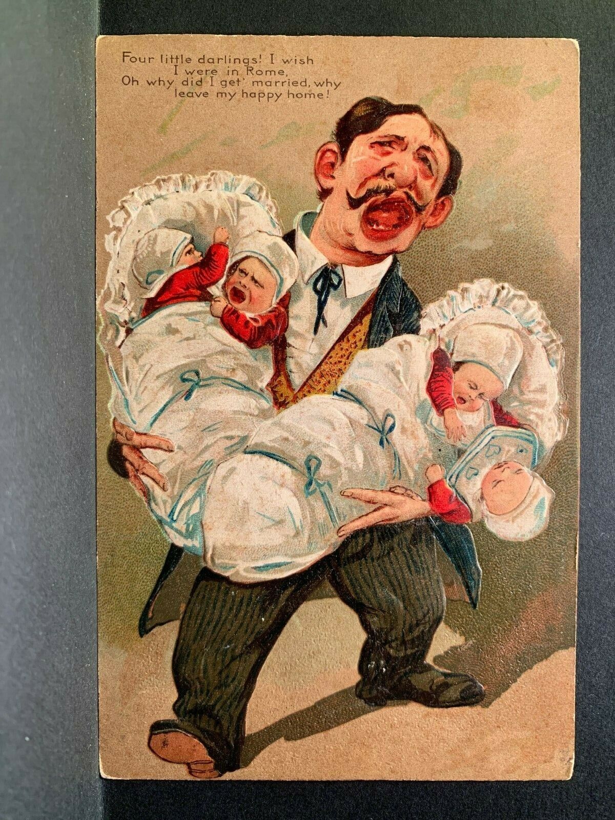 Postcard - Crying Father Holding Four Babies - Marriage Humor
