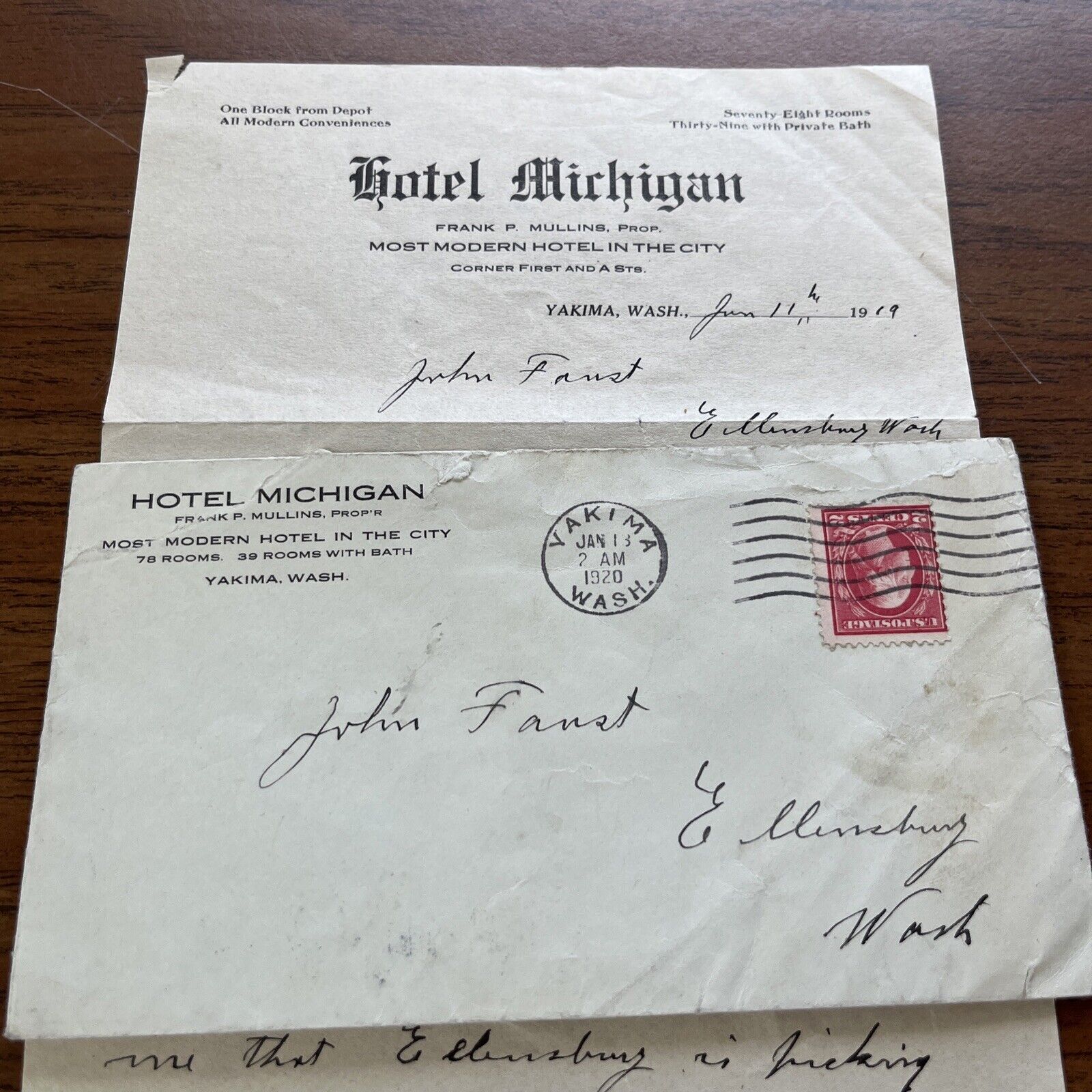 Antique 1919 Letter, Hotel Michigan Yakima Washington Letterhead on Real Estate