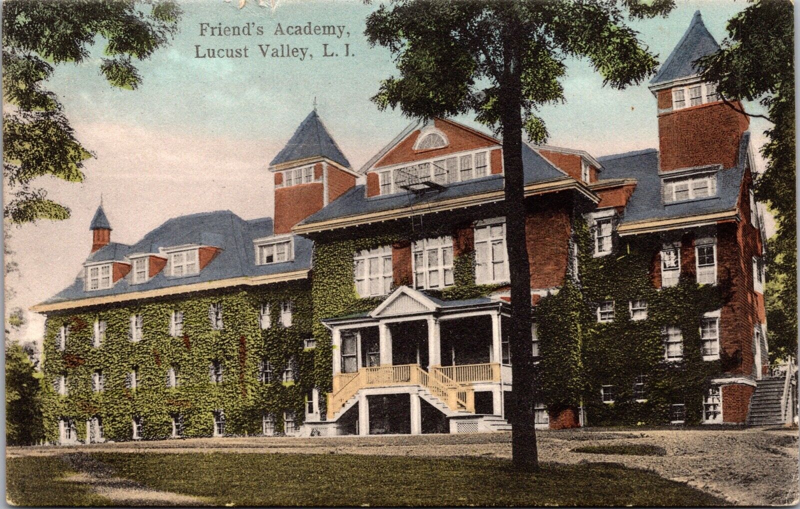 Hand Colored Postcard Friend\'s Academy in Lucust Valley, Long Island, New York
