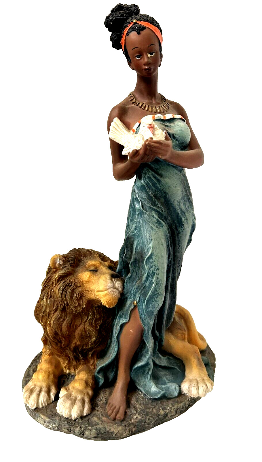 AFRICAN WOMAN with DOVE IN HAND and LION AT HER FEET - 15 INCH STATUE