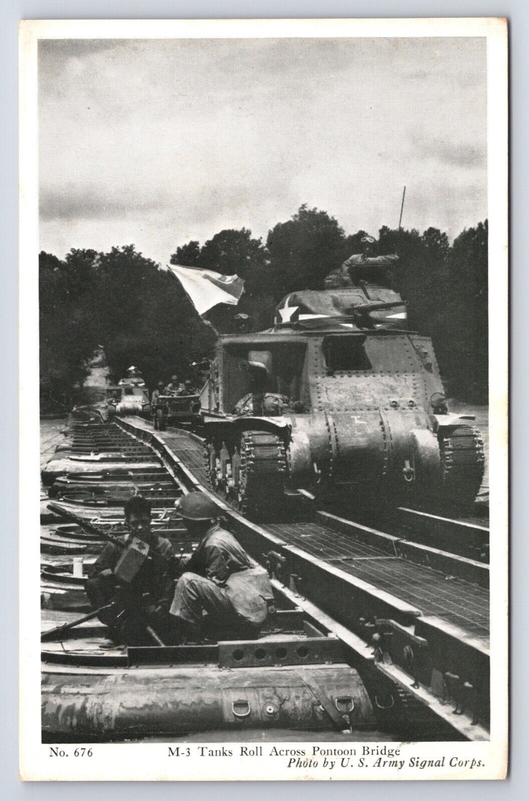 Postcard M-3 Tanks Roll Pontoon Bridge US Army Soldiers Gun DB c1940 Unposted
