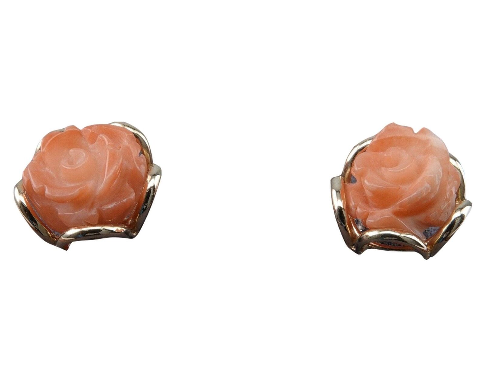 1940\'s 14k Gold and Angel Skin Coral Earrings Hand Carved