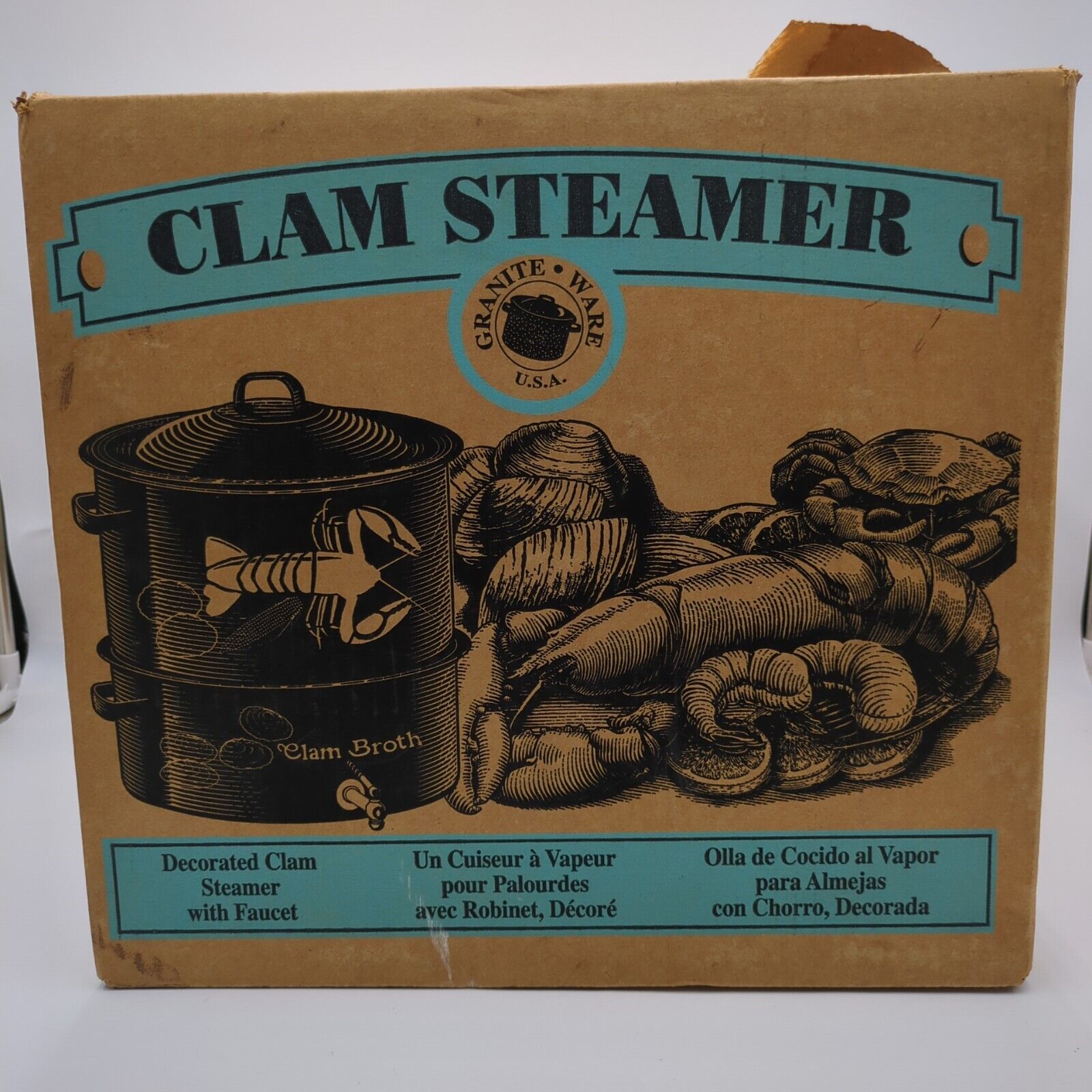 NEW Vintage Speckled Enamel Double Steam Pot, Lobster & Clam Painted New In Box