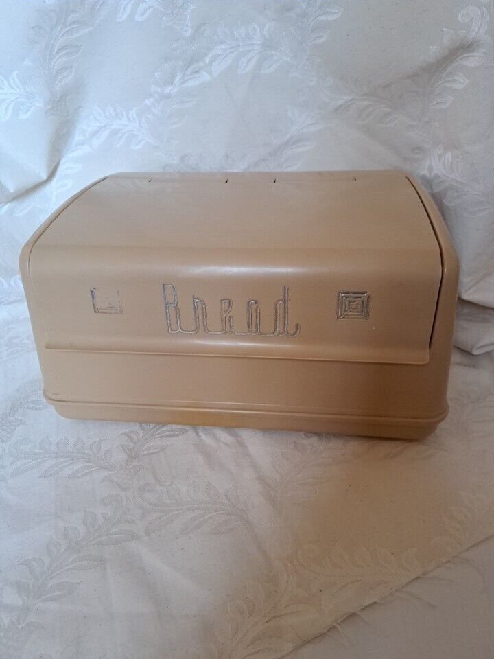Vintage Lustro Ware Tan Plastic Bread Box Mid Century Retro hinged lid 50's
