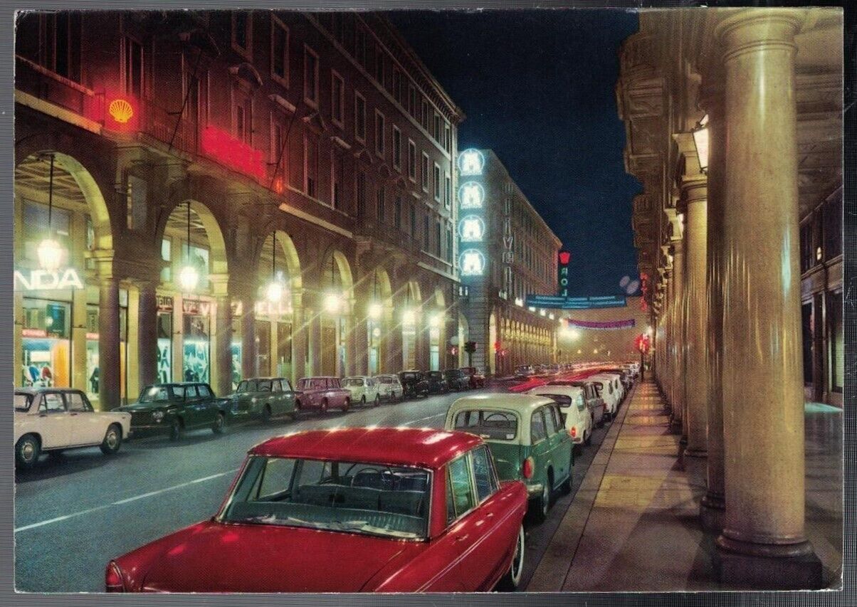 VINTAGE 1960\'S ROMA STREET BY NIGHT TORINO TURIN ITALY POSTCARD