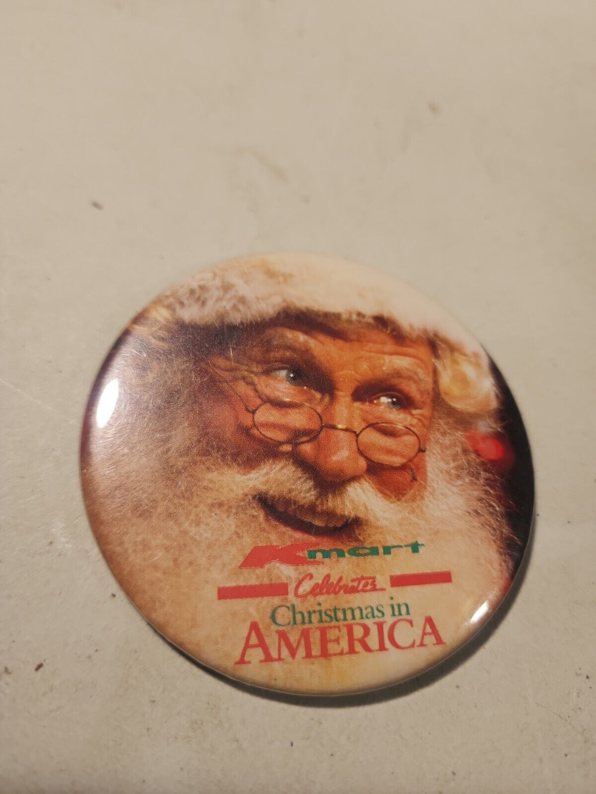 K-Mart Celebrates Christmas in America -Vintage 1988 Pinback Button Santa
