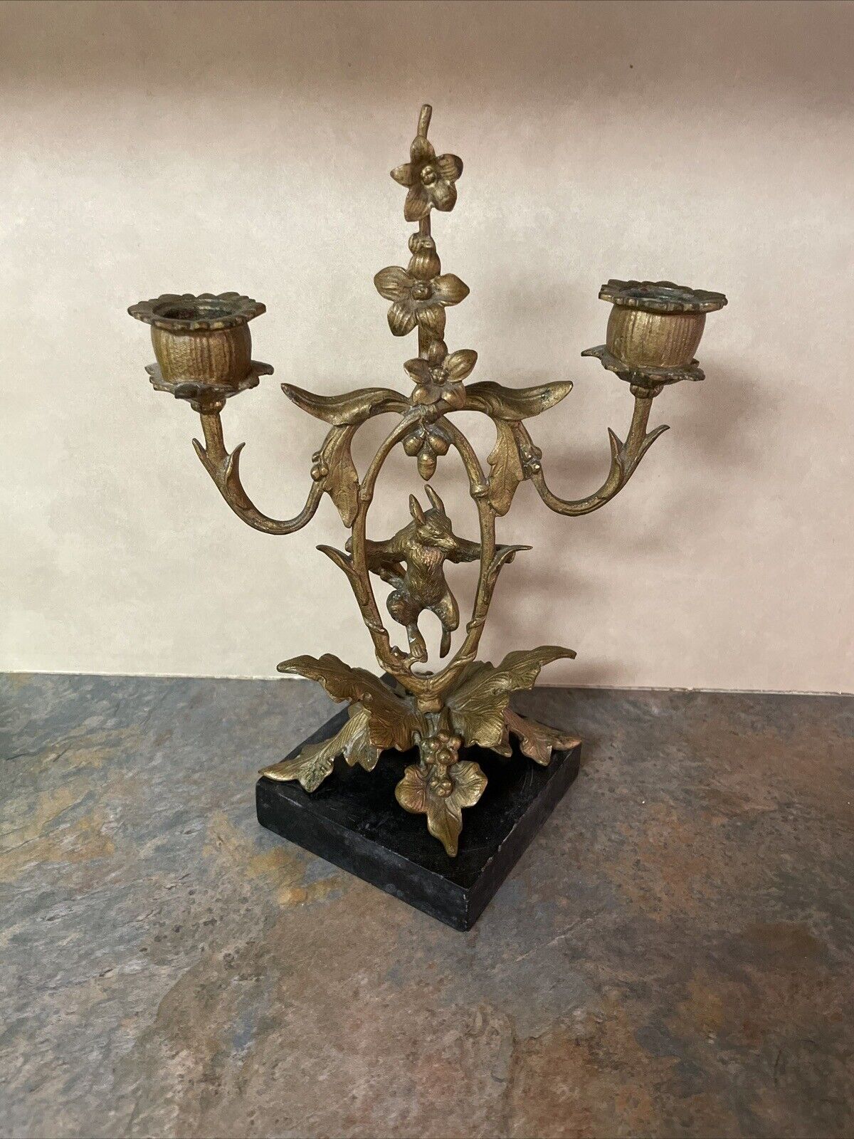 ANTIQUE 19th Century Art Deco Bronze Patinated 2 Arm Candelabra Candleholder Fox