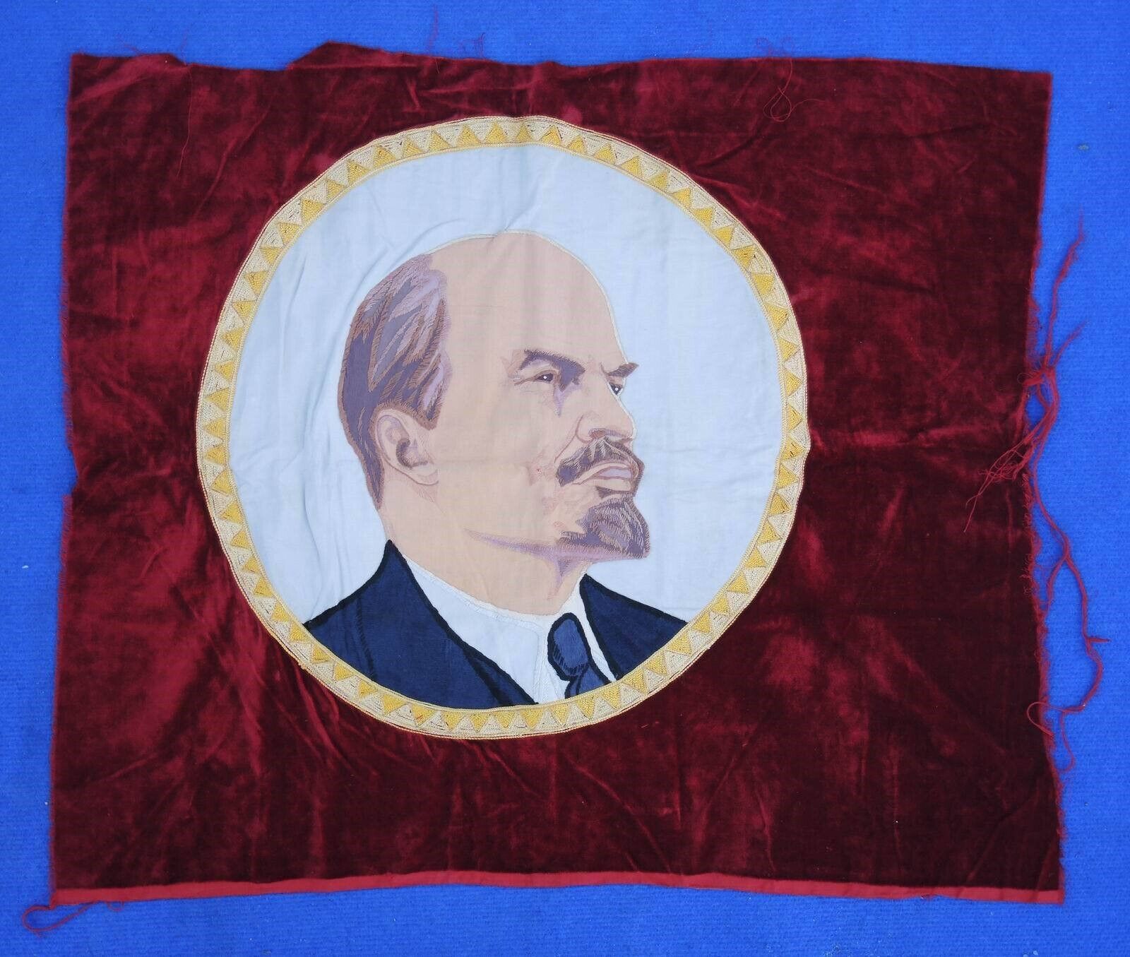 Old Big USSR Sewed PORTRAIT LENIN Bust Part of VELVET BANNER Soviet Vintage FLAG