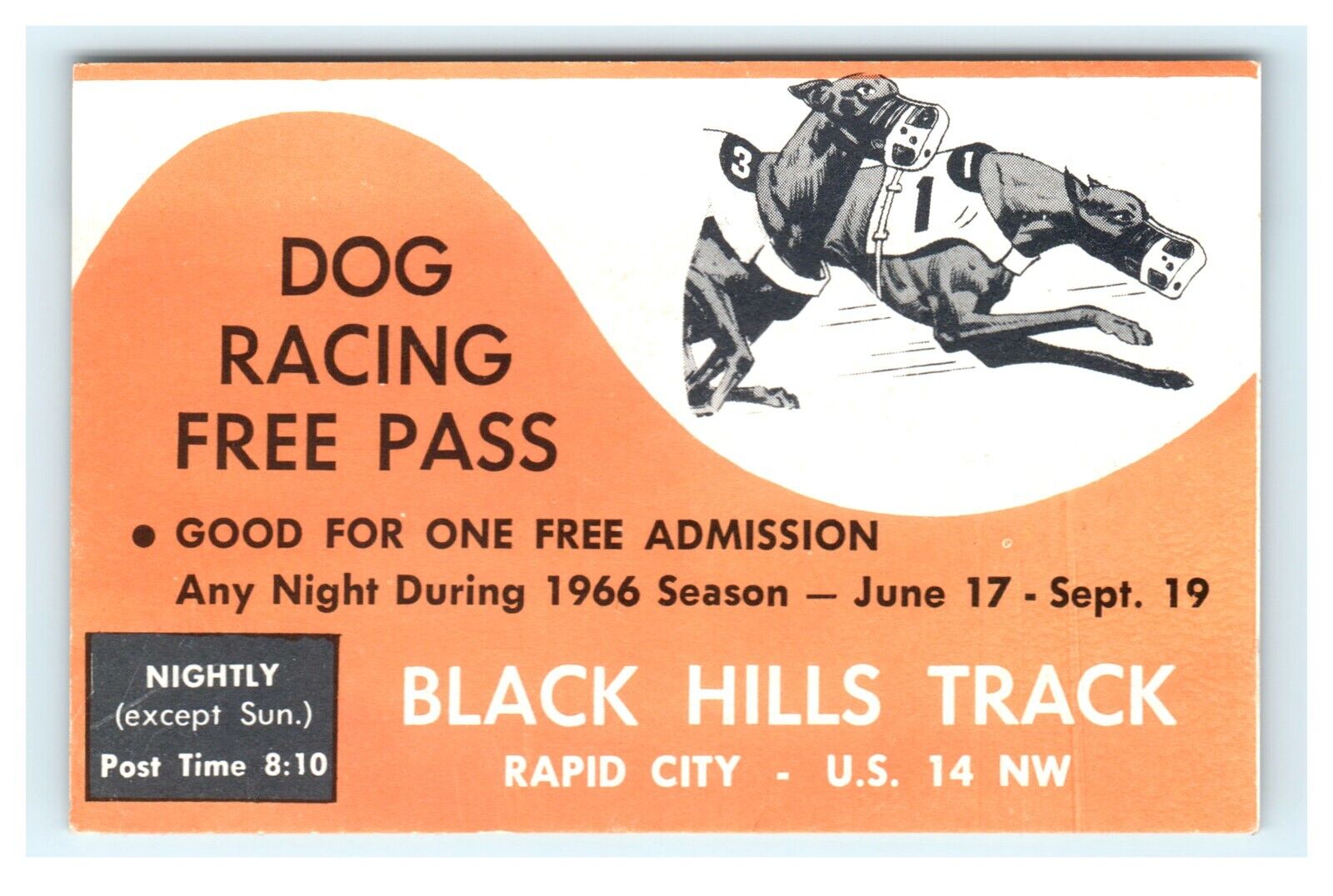 1966 Greyhound Dog Racing Free Pass Black Hills Rapid City SD South Dakota