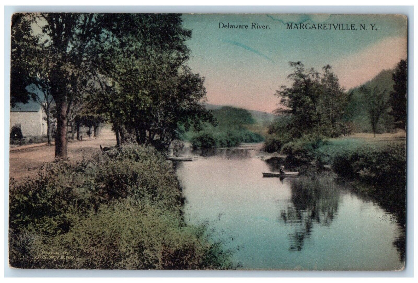 1915 Delaware River Boat Canoe Paddle Margaretville New York NY Vintage Postcard