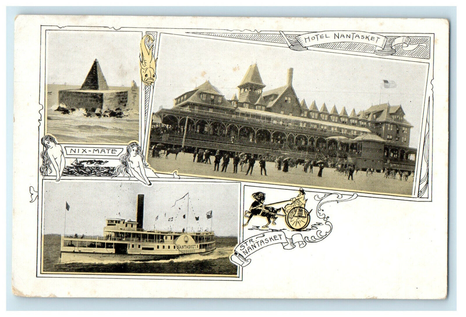 c1900s Hotel, Steamboat and Nix Mate in Nantasket, Massachusetts MA Postcard