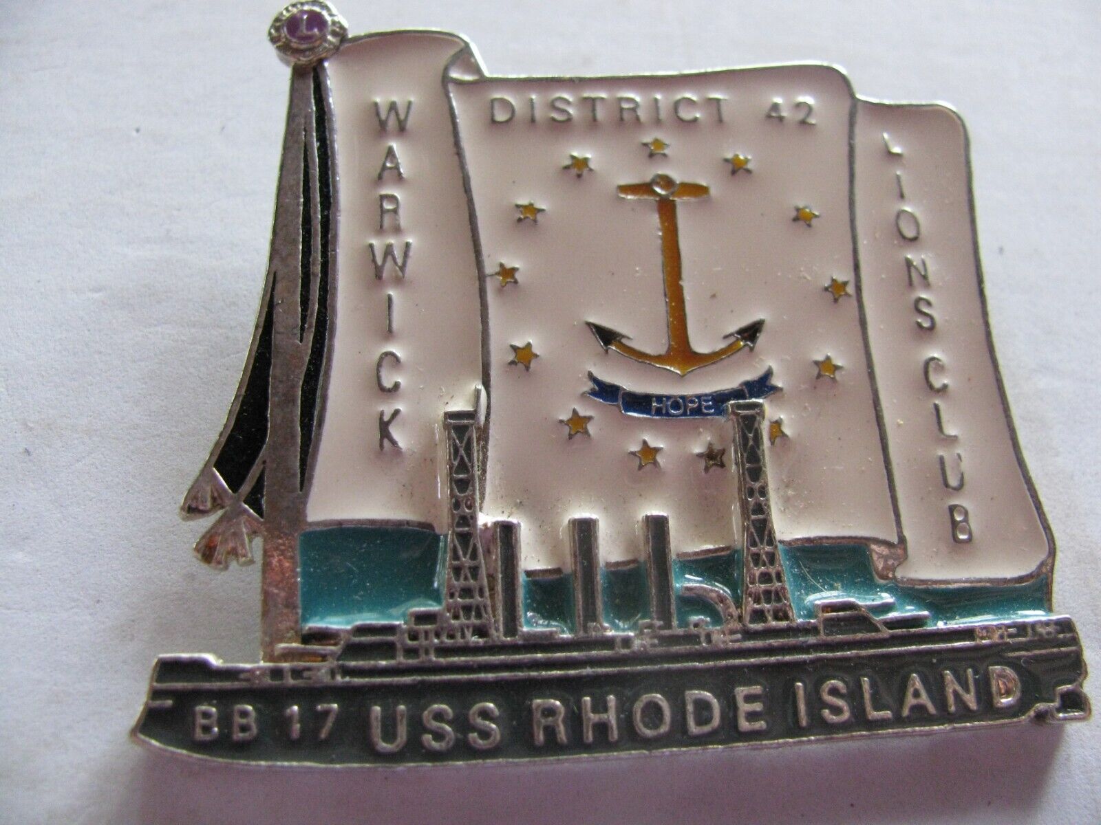LIONS CLUB PIN -  PIN TRADER  USS RHODE ISLAND  BB-17 HISTORIC BATTLESHIP SERIES