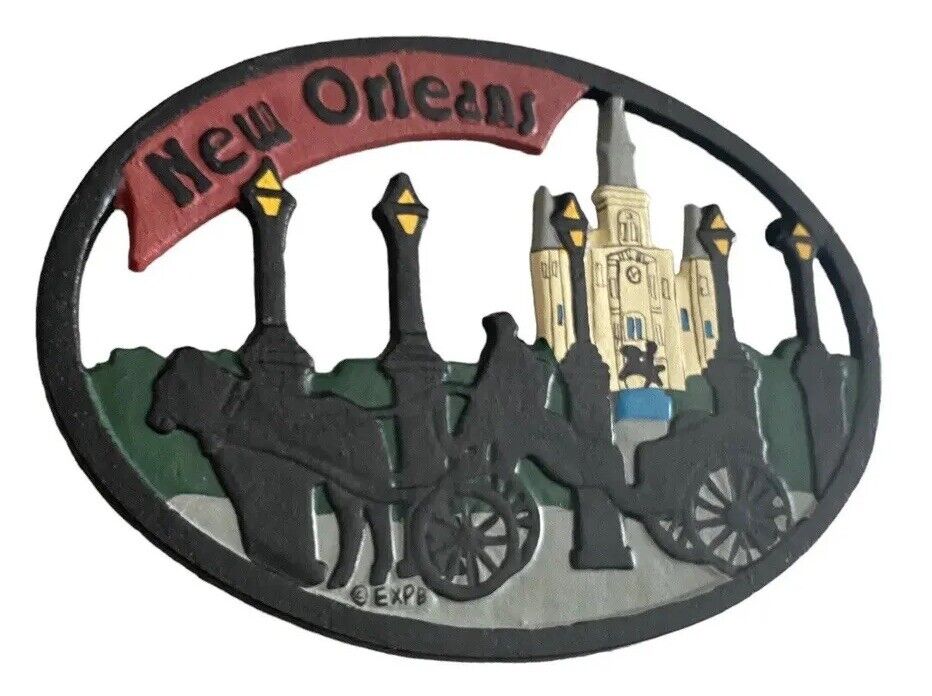 Vtg French Quarter New Orleans Cast Iron Trivet Hand Painted Horse Carriage Expb