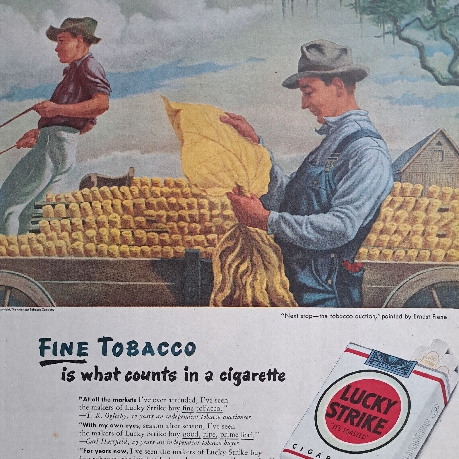 LUCKY STRIKE Print Ad ERNEST FIENE NEXT STOP TOBACCO WAGON  CIGARETTES 1942