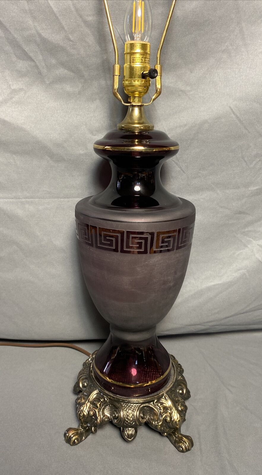 Vintage Bohemian Style Purple Glass Urn Table Lamp Greek Key Frosted 29.5