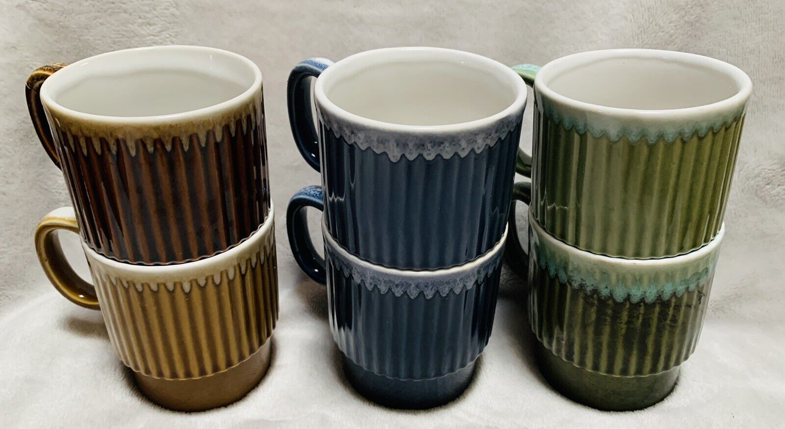 VTG X6 Mixed Colors Stackable Ceramic 6oz Drip Glaze Mugs 3D Groove Pattern Used