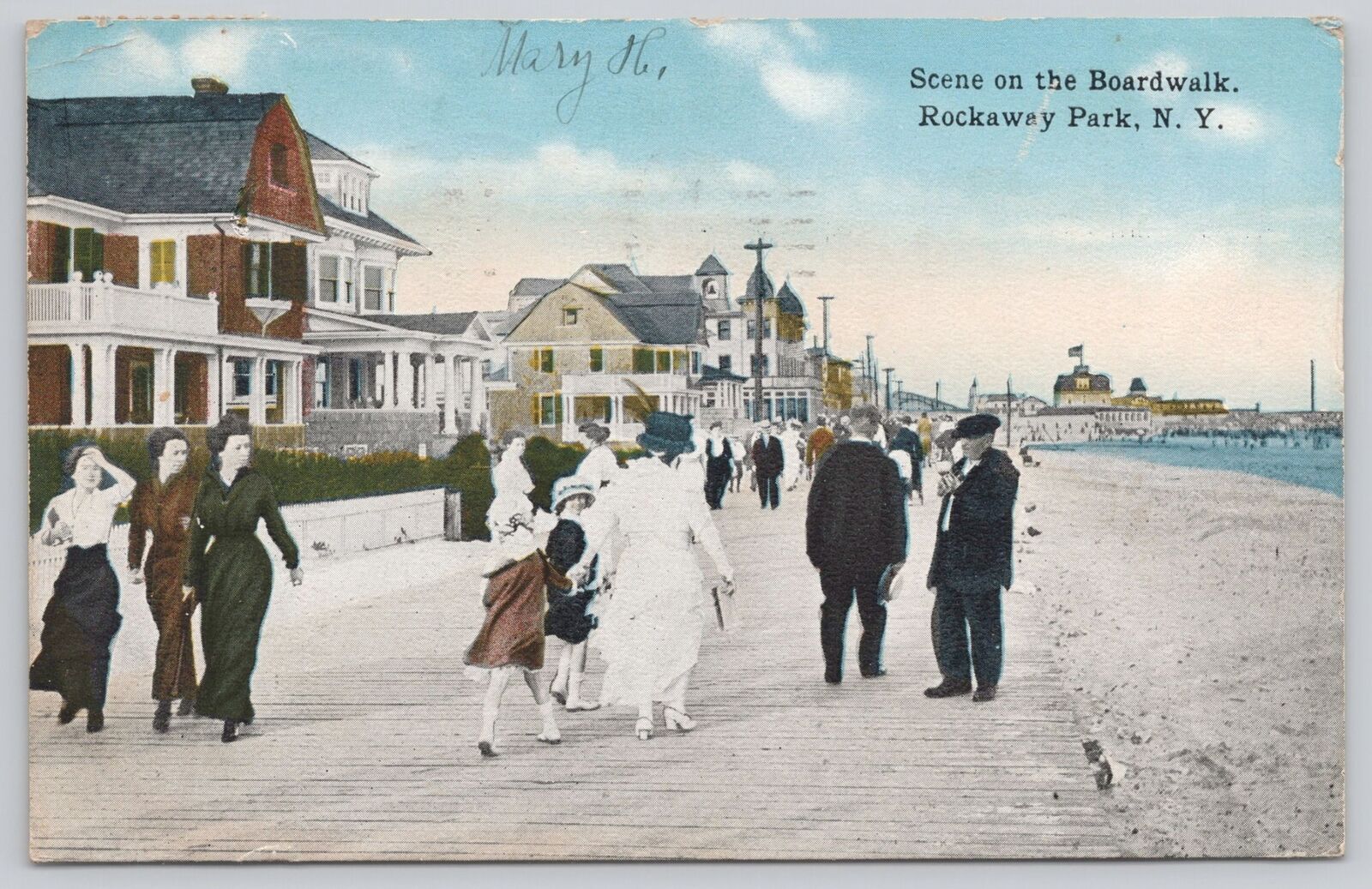 Postcard Scene On Boardwalk Rockaway Park New York ca.1910s