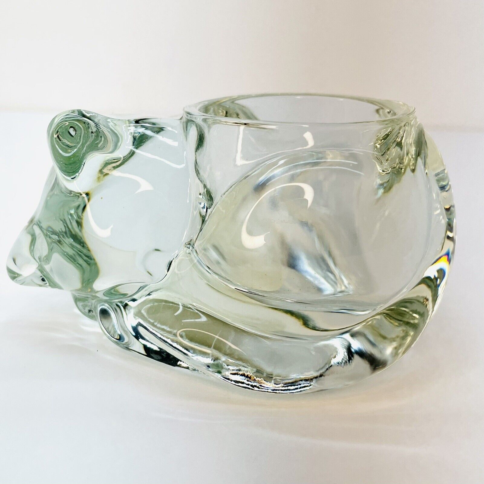 Sleeping Cat Candle Holder Vintage Handmade Indiana Crystal Glass Votive  USA